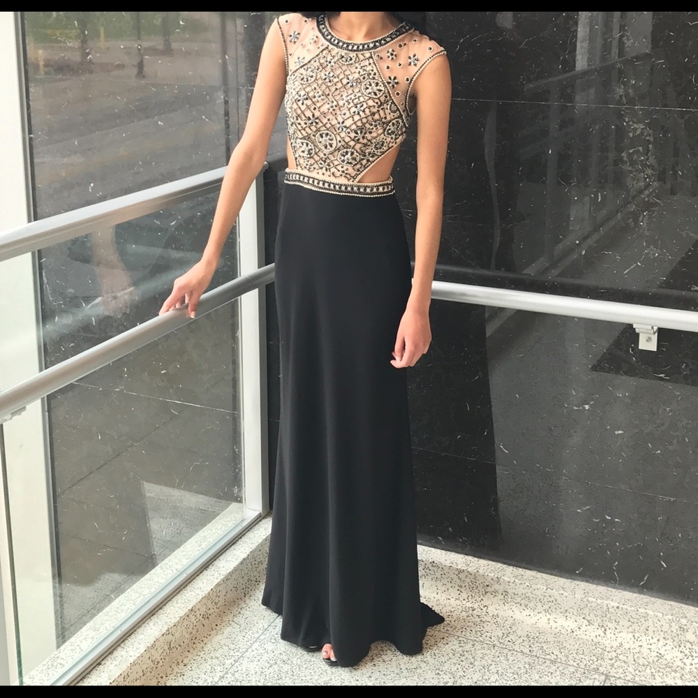 Sophisticated Black and Gold Cutout Prom Dress